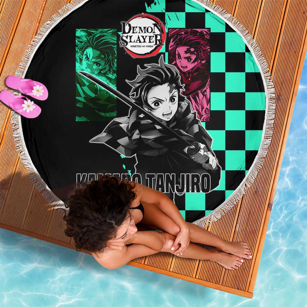 Tanjiro Kamado from Demon Slayer Beach Blanket with Green Black Checkered Pattern and Water Breathing Sword Pose Design - The Mazicc