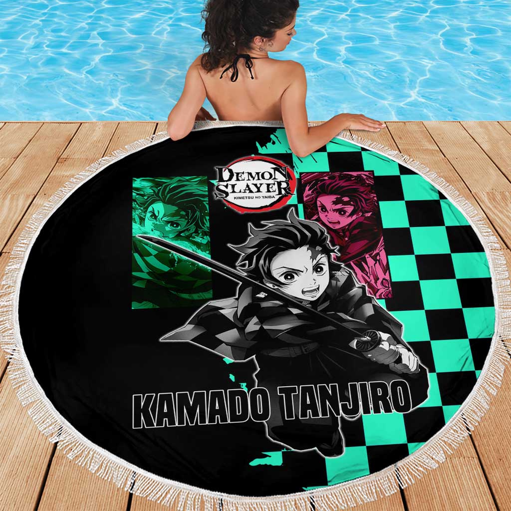 Tanjiro Kamado from Demon Slayer Beach Blanket with Green Black Checkered Pattern and Water Breathing Sword Pose Design - The Mazicc