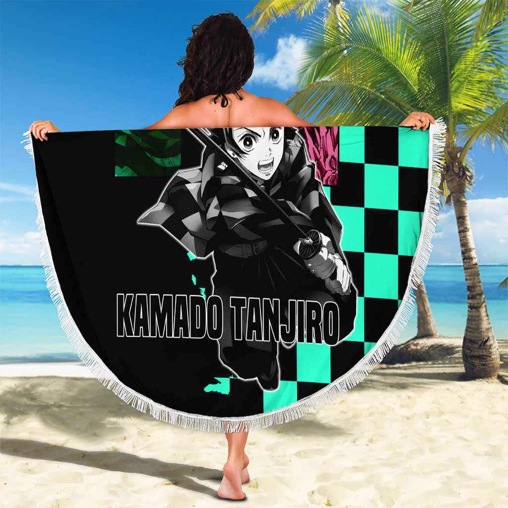 Tanjiro Kamado from Demon Slayer Beach Blanket with Green Black Checkered Pattern and Water Breathing Sword Pose Design - The Mazicc