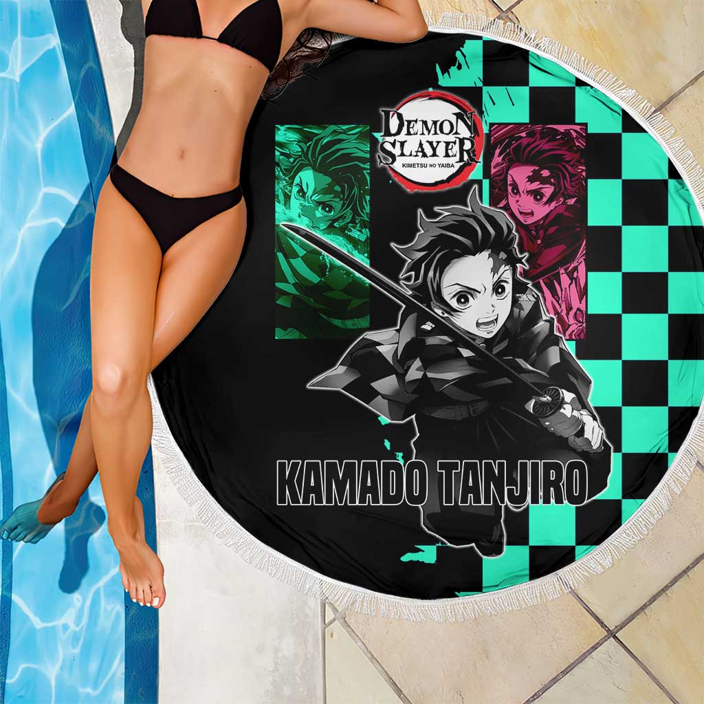 Tanjiro Kamado from Demon Slayer Beach Blanket with Green Black Checkered Pattern and Water Breathing Sword Pose Design - The Mazicc