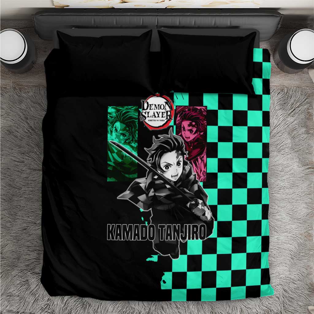 Tanjiro Kamado from Demon Slayer Bedding Set with Green Black Checkered Pattern and Water Breathing Sword Pose Design - The Mazicc