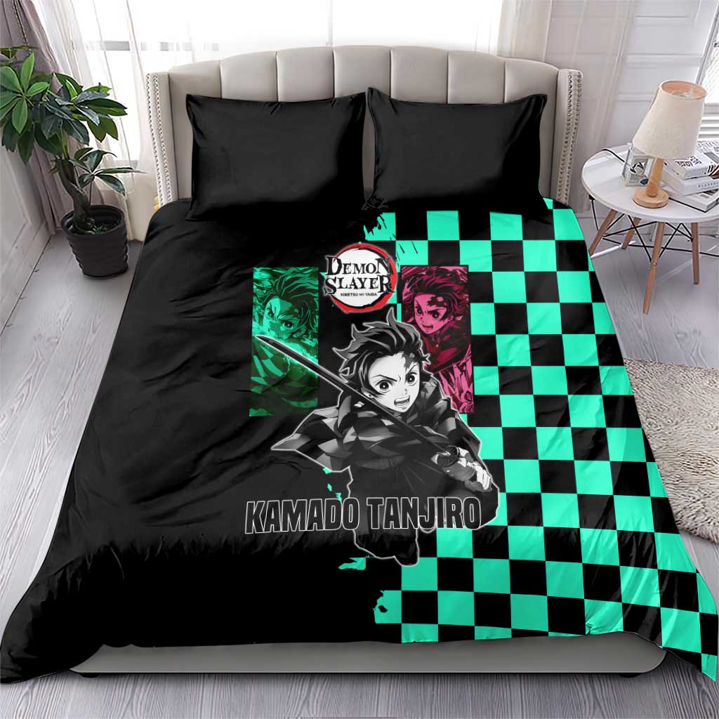 Tanjiro Kamado from Demon Slayer Bedding Set with Green Black Checkered Pattern and Water Breathing Sword Pose Design - The Mazicc