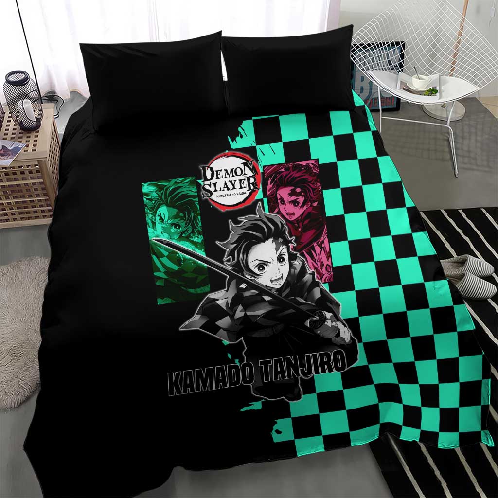Tanjiro Kamado from Demon Slayer Bedding Set with Green Black Checkered Pattern and Water Breathing Sword Pose Design - The Mazicc