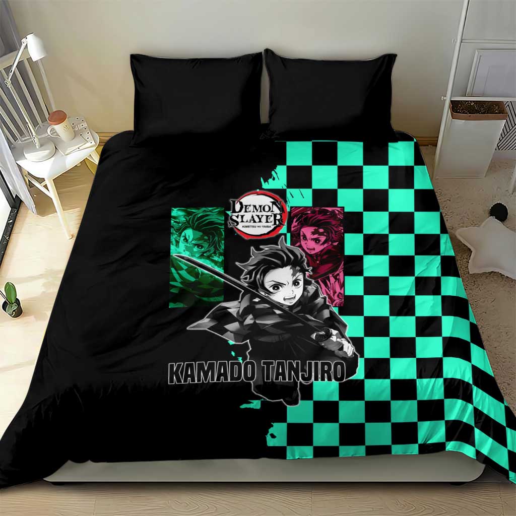 Tanjiro Kamado from Demon Slayer Bedding Set with Green Black Checkered Pattern and Water Breathing Sword Pose Design - The Mazicc