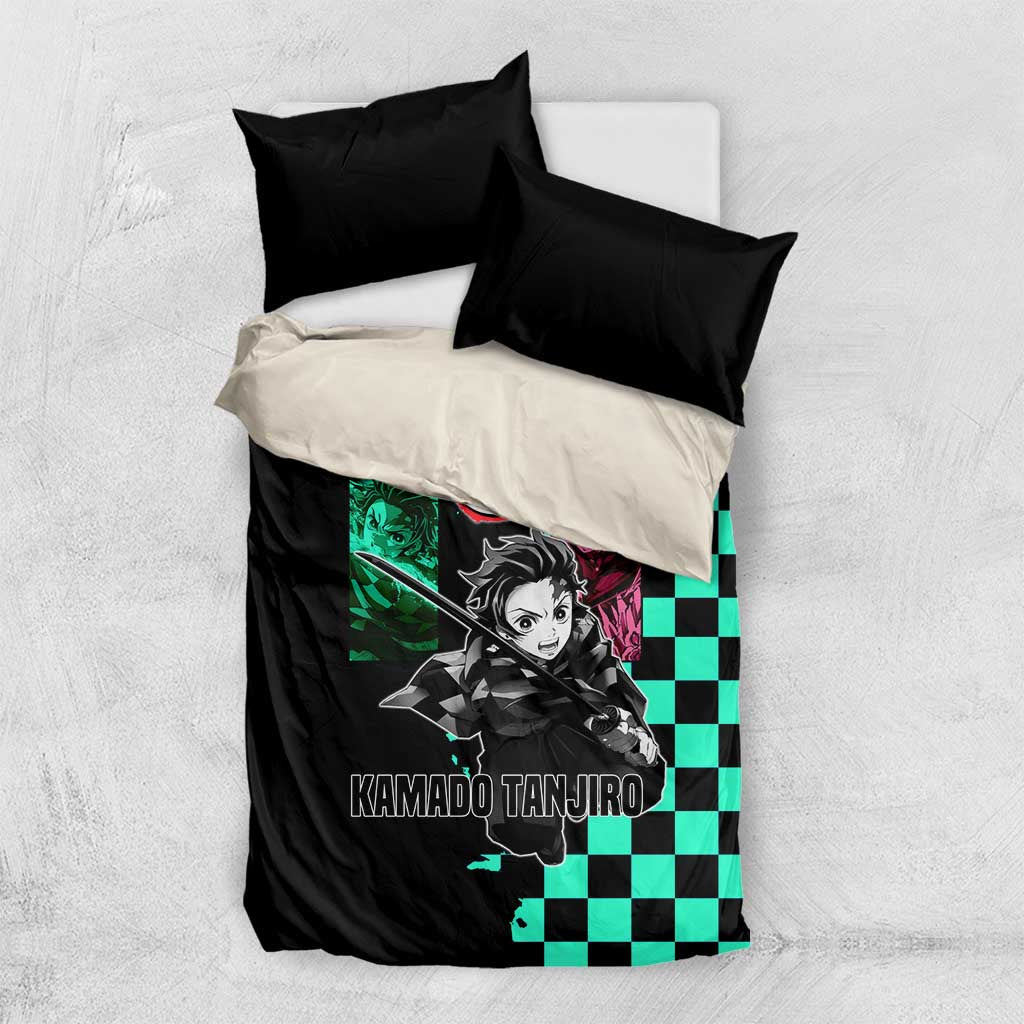 Tanjiro Kamado from Demon Slayer Bedding Set with Green Black Checkered Pattern and Water Breathing Sword Pose Design - The Mazicc
