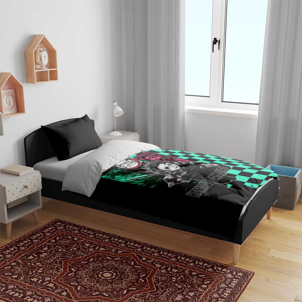 Tanjiro Kamado from Demon Slayer Bedding Set with Green Black Checkered Pattern and Water Breathing Sword Pose Design - The Mazicc
