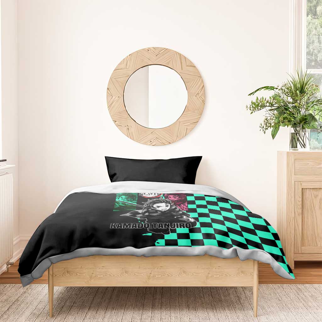 Tanjiro Kamado from Demon Slayer Bedding Set with Green Black Checkered Pattern and Water Breathing Sword Pose Design - The Mazicc