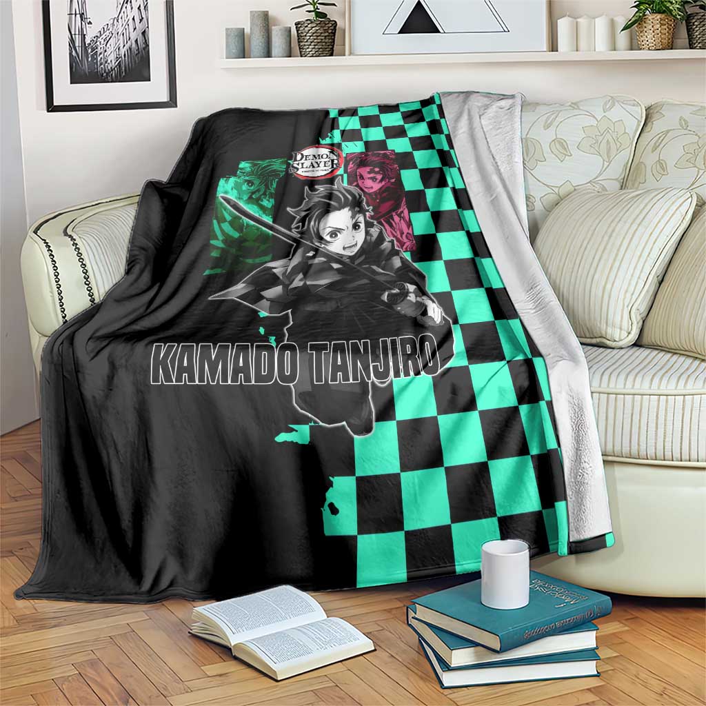 Tanjiro Kamado from Demon Slayer Blanket with Green Black Checkered Pattern and Water Breathing Sword Pose Design - The Mazicc