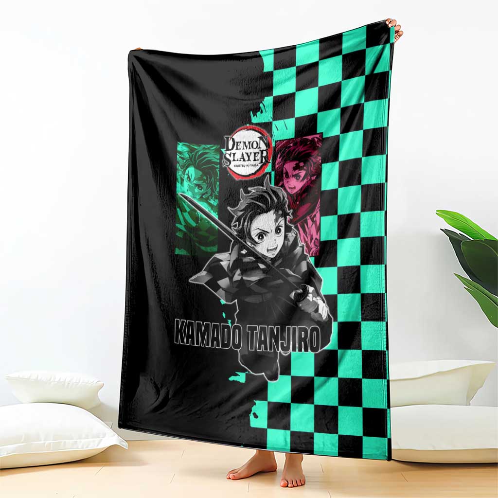 Tanjiro Kamado from Demon Slayer Blanket with Green Black Checkered Pattern and Water Breathing Sword Pose Design - The Mazicc