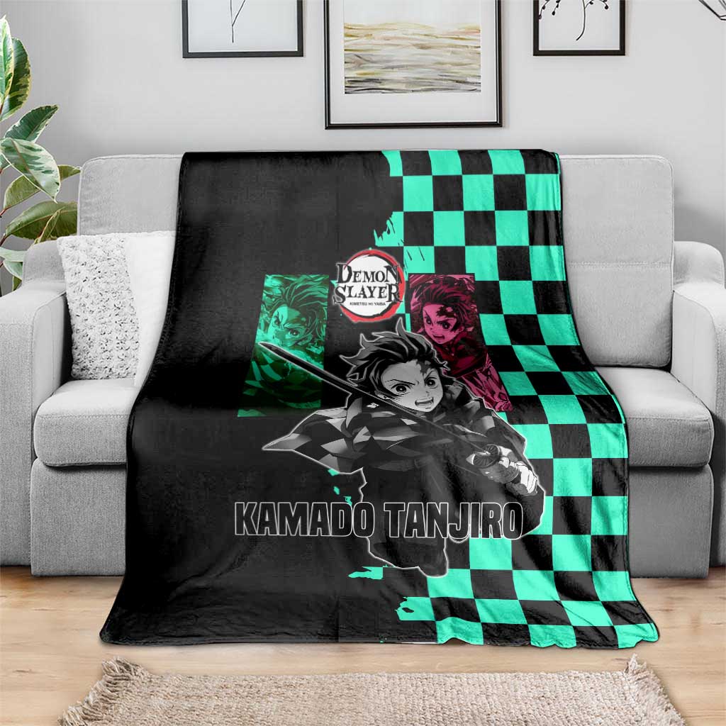 Tanjiro Kamado from Demon Slayer Blanket with Green Black Checkered Pattern and Water Breathing Sword Pose Design - The Mazicc