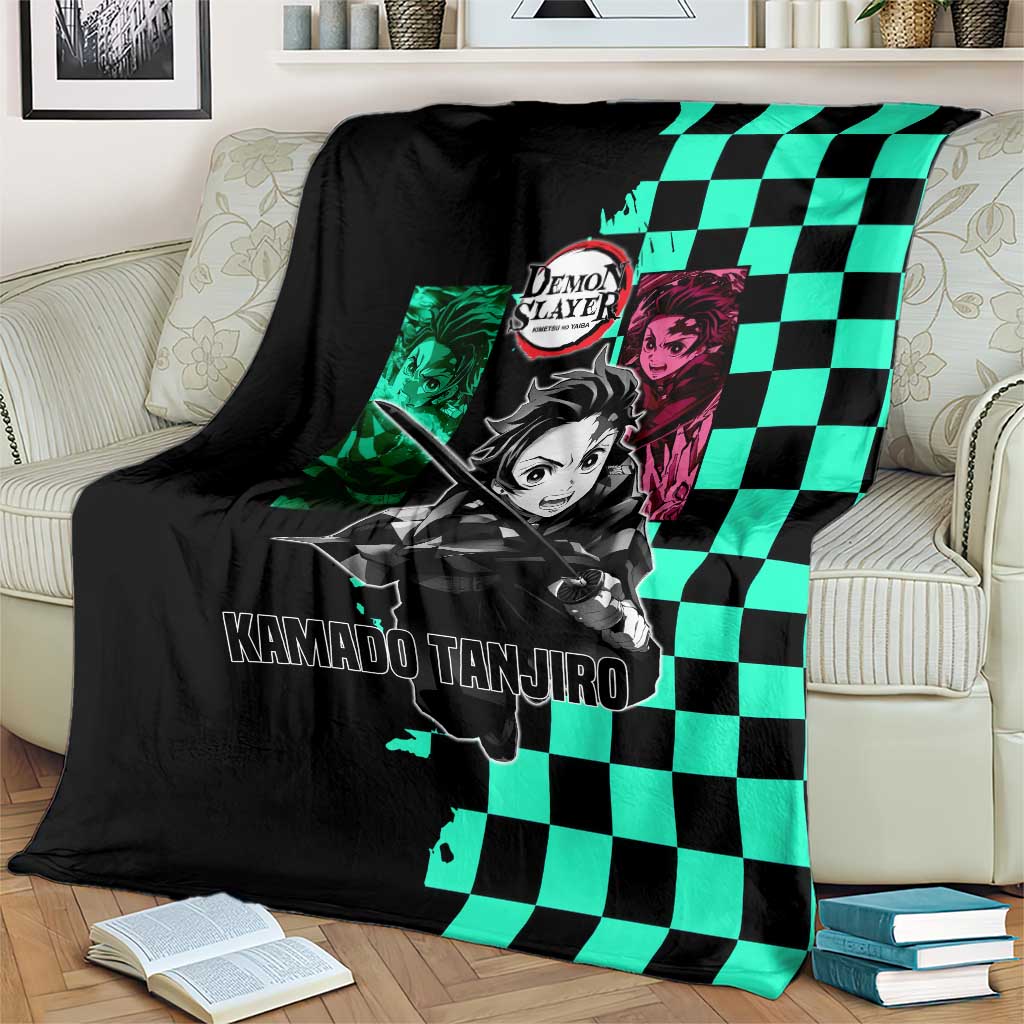 Tanjiro Kamado from Demon Slayer Blanket with Green Black Checkered Pattern and Water Breathing Sword Pose Design - The Mazicc