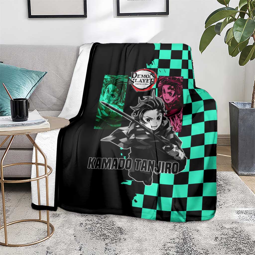 Tanjiro Kamado from Demon Slayer Blanket with Green Black Checkered Pattern and Water Breathing Sword Pose Design - The Mazicc