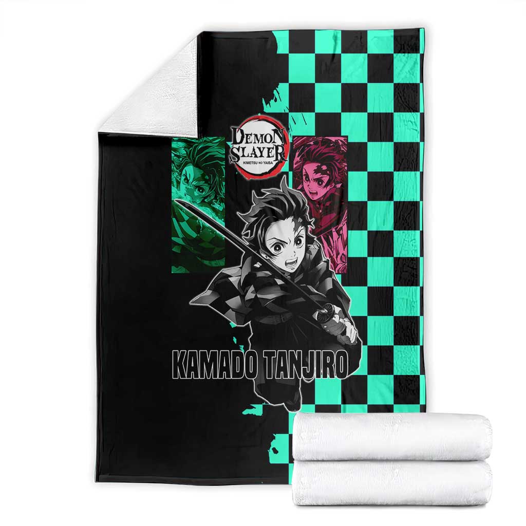 Tanjiro Kamado from Demon Slayer Blanket with Green Black Checkered Pattern and Water Breathing Sword Pose Design - The Mazicc