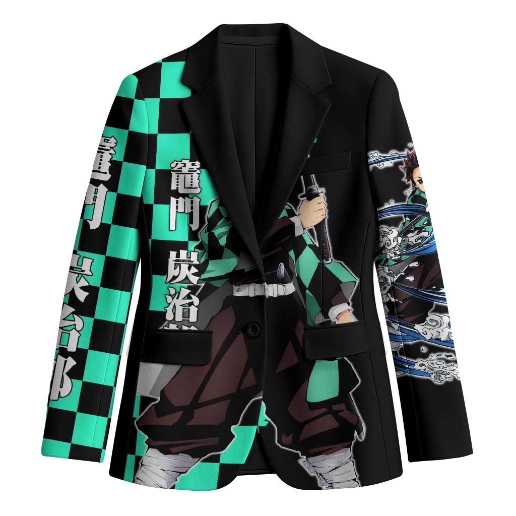 Tanjiro Kamado from Demon Slayer Blazer with Green Black Checkered Pattern and Water Breathing Sword Pose Design - The Mazicc