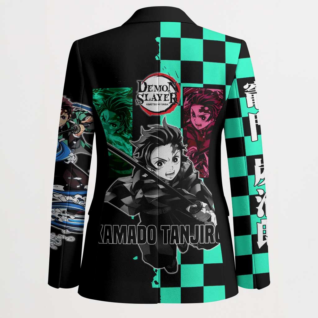 Tanjiro Kamado from Demon Slayer Blazer with Green Black Checkered Pattern and Water Breathing Sword Pose Design - The Mazicc