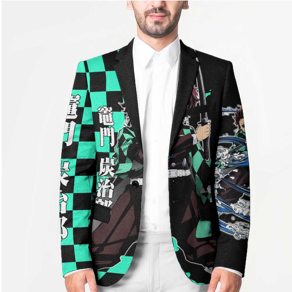 Tanjiro Kamado from Demon Slayer Blazer with Green Black Checkered Pattern and Water Breathing Sword Pose Design - The Mazicc