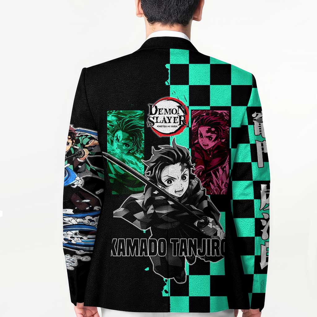 Tanjiro Kamado from Demon Slayer Blazer with Green Black Checkered Pattern and Water Breathing Sword Pose Design - The Mazicc