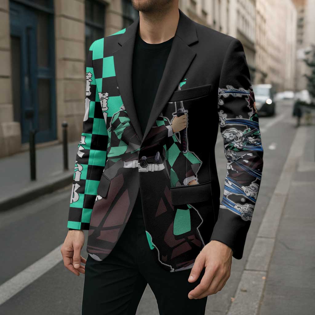 Tanjiro Kamado from Demon Slayer Blazer with Green Black Checkered Pattern and Water Breathing Sword Pose Design - The Mazicc