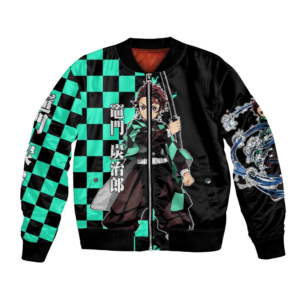Tanjiro Kamado from Demon Slayer Bomber Jacket with Green Black Checkered Pattern and Water Breathing Sword Pose Design - The Mazicc