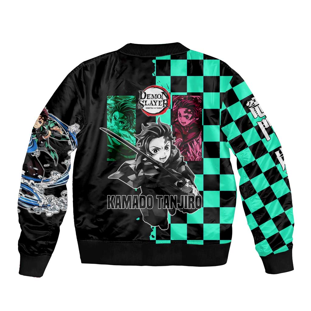 Tanjiro Kamado from Demon Slayer Bomber Jacket with Green Black Checkered Pattern and Water Breathing Sword Pose Design - The Mazicc