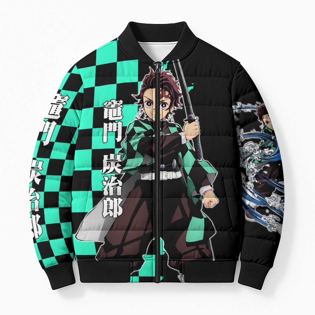 Tanjiro Kamado from Demon Slayer Bomber Puffer Jacket with Green Black Checkered Pattern and Water Breathing Sword Pose Design - The Mazicc