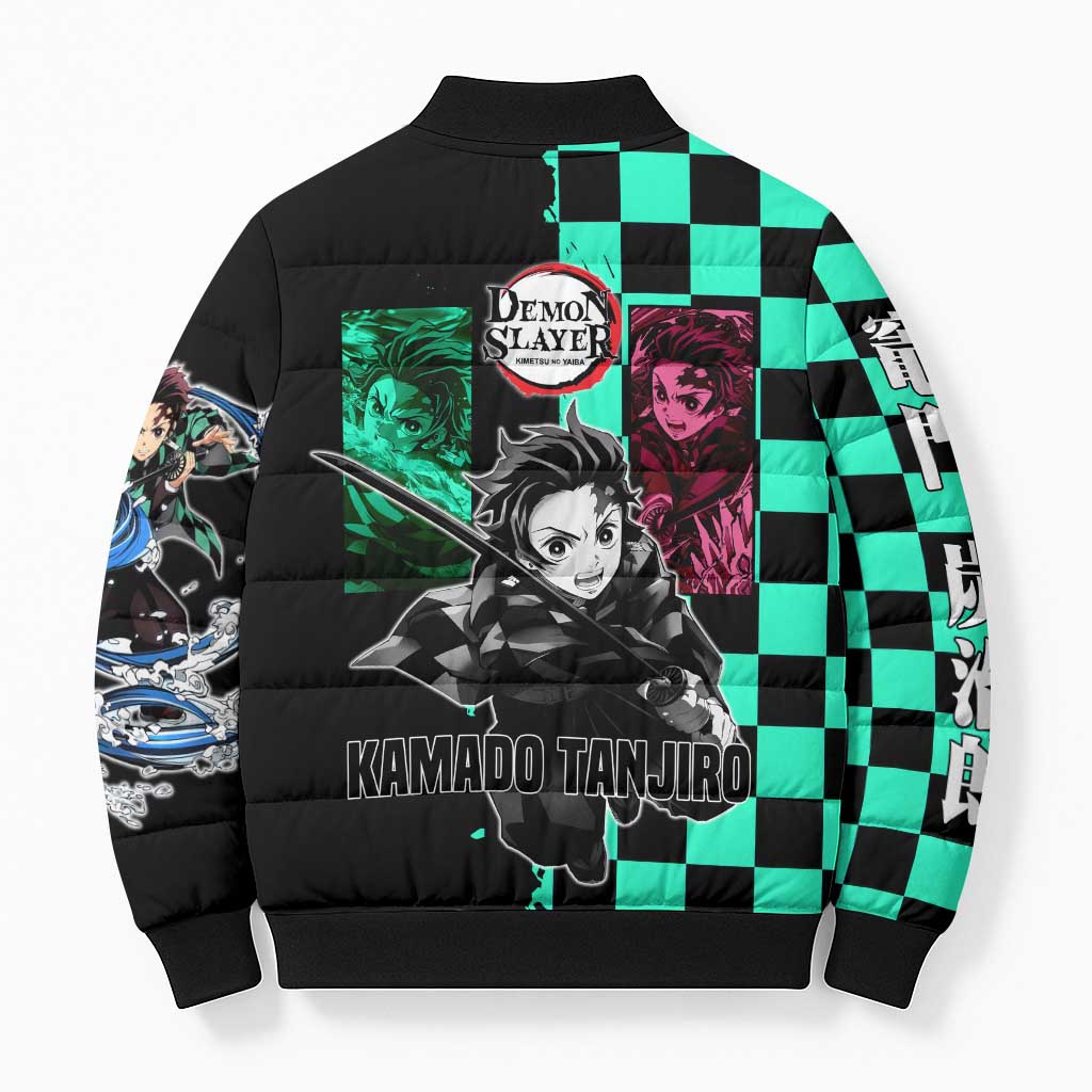 Tanjiro Kamado from Demon Slayer Bomber Puffer Jacket with Green Black Checkered Pattern and Water Breathing Sword Pose Design - The Mazicc