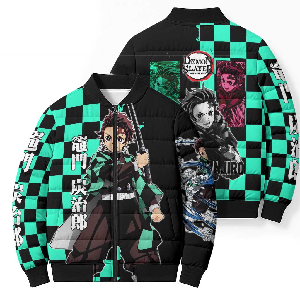 Tanjiro Kamado from Demon Slayer Bomber Puffer Jacket with Green Black Checkered Pattern and Water Breathing Sword Pose Design - The Mazicc