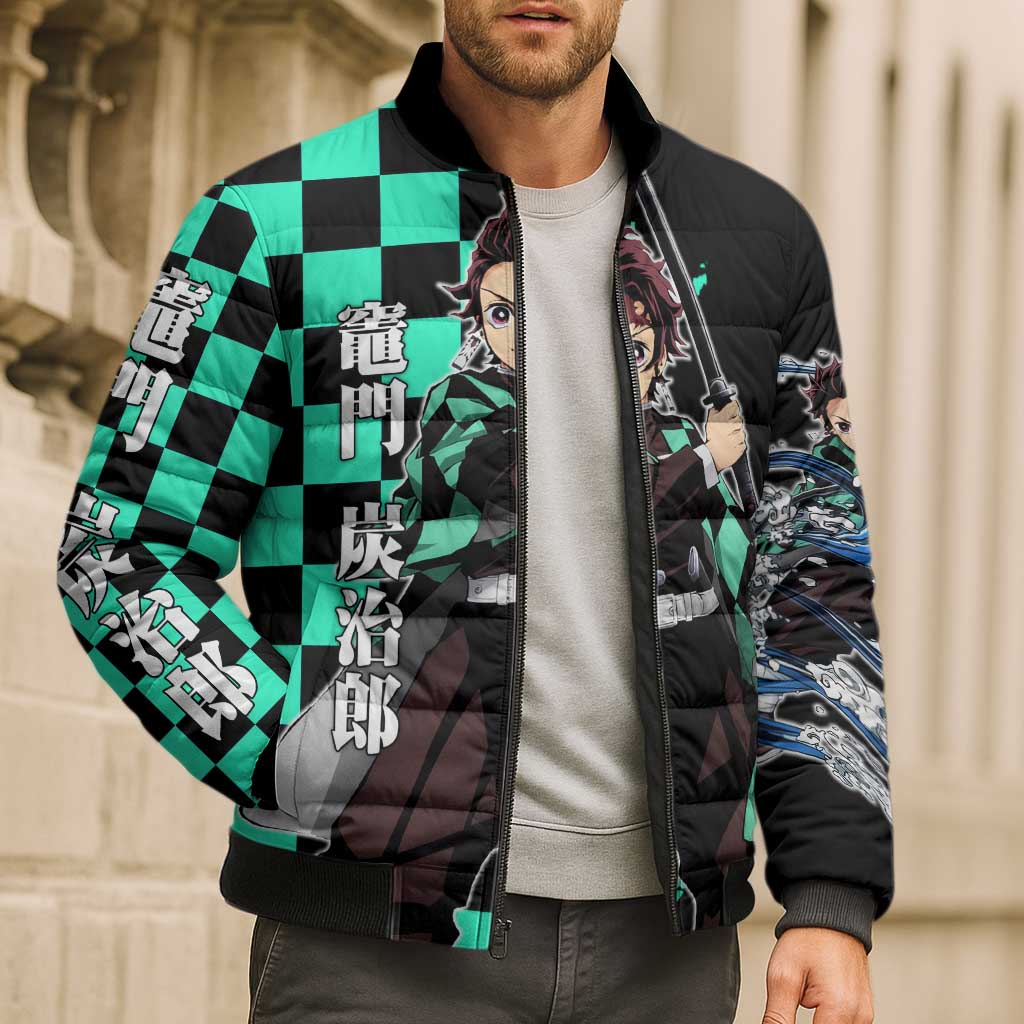 Tanjiro Kamado from Demon Slayer Bomber Puffer Jacket with Green Black Checkered Pattern and Water Breathing Sword Pose Design - The Mazicc