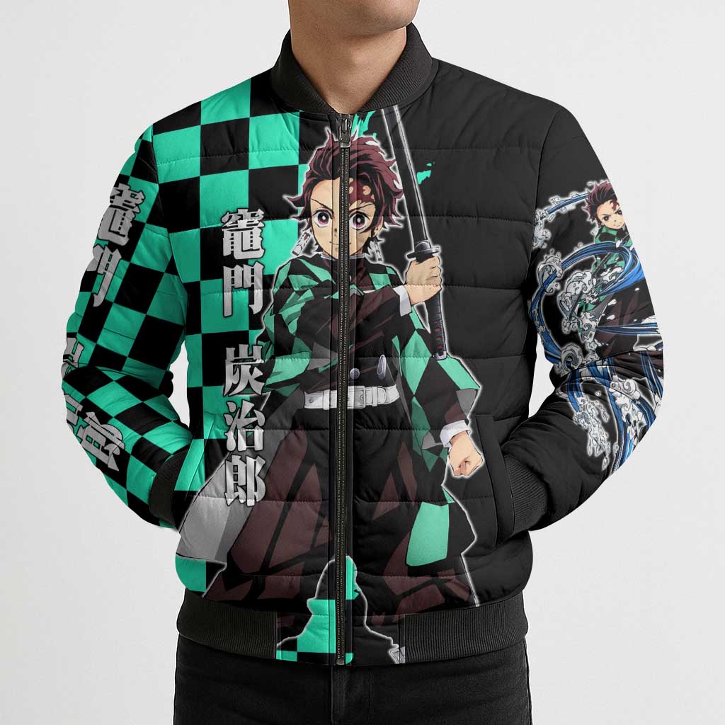 Tanjiro Kamado from Demon Slayer Bomber Puffer Jacket with Green Black Checkered Pattern and Water Breathing Sword Pose Design - The Mazicc