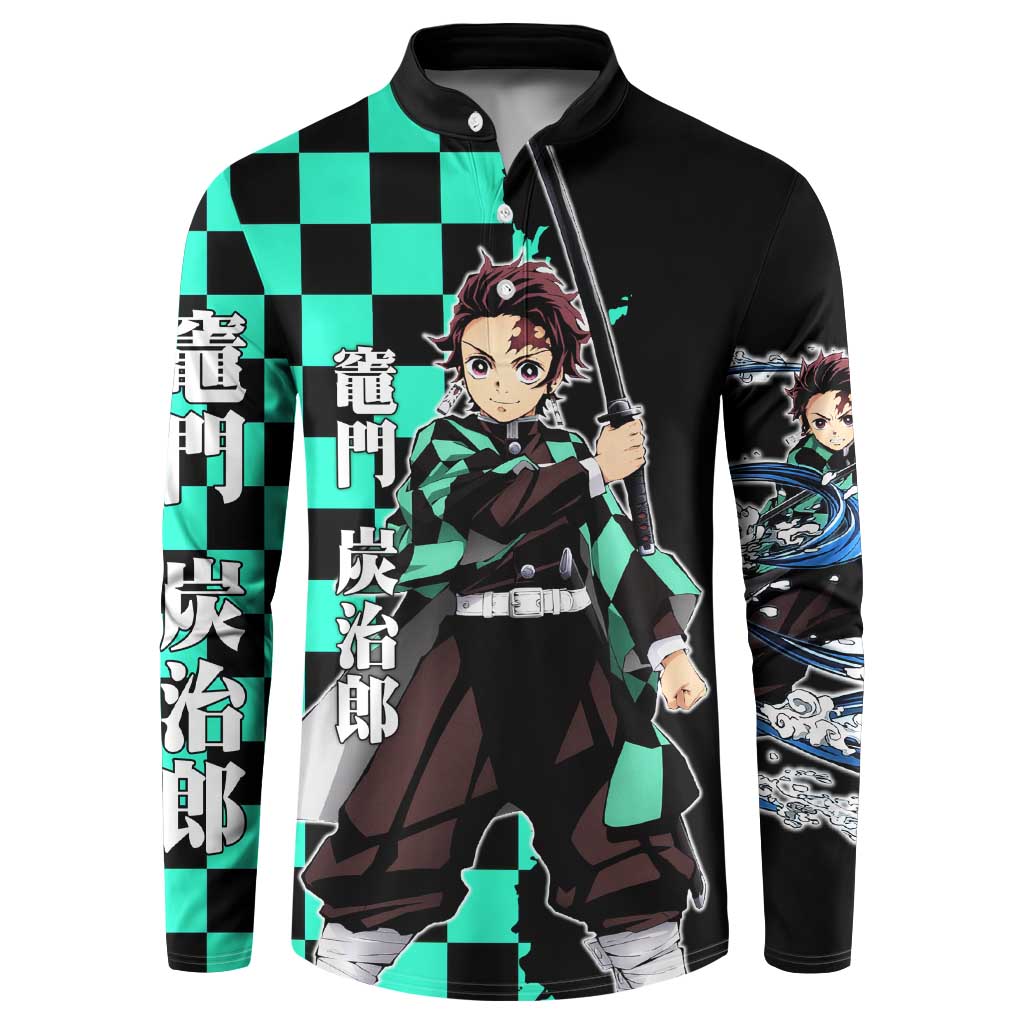 Tanjiro Kamado from Demon Slayer Button Sweatshirt with Green Black Checkered Pattern and Water Breathing Sword Pose Design - The Mazicc