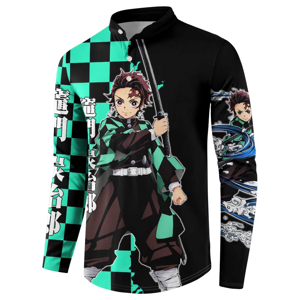 Tanjiro Kamado from Demon Slayer Button Sweatshirt with Green Black Checkered Pattern and Water Breathing Sword Pose Design - The Mazicc