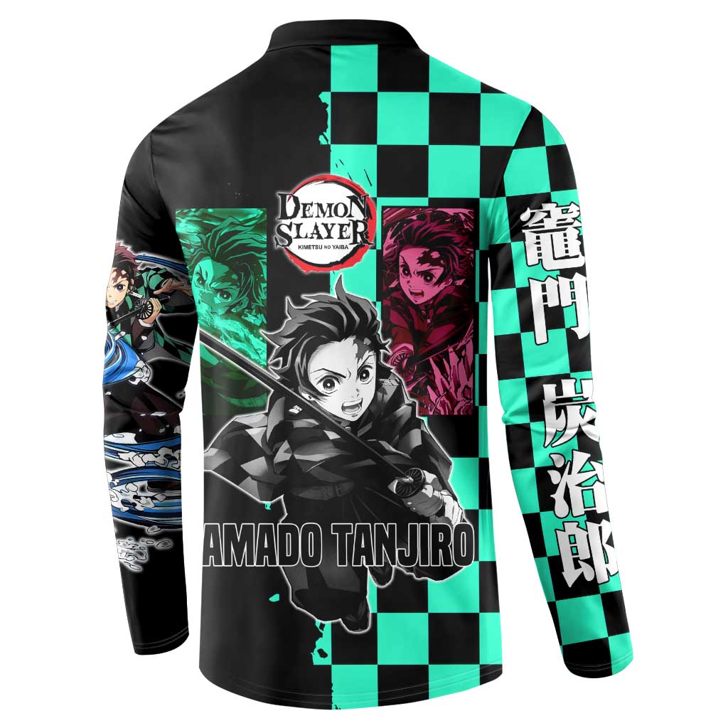 Tanjiro Kamado from Demon Slayer Button Sweatshirt with Green Black Checkered Pattern and Water Breathing Sword Pose Design - The Mazicc