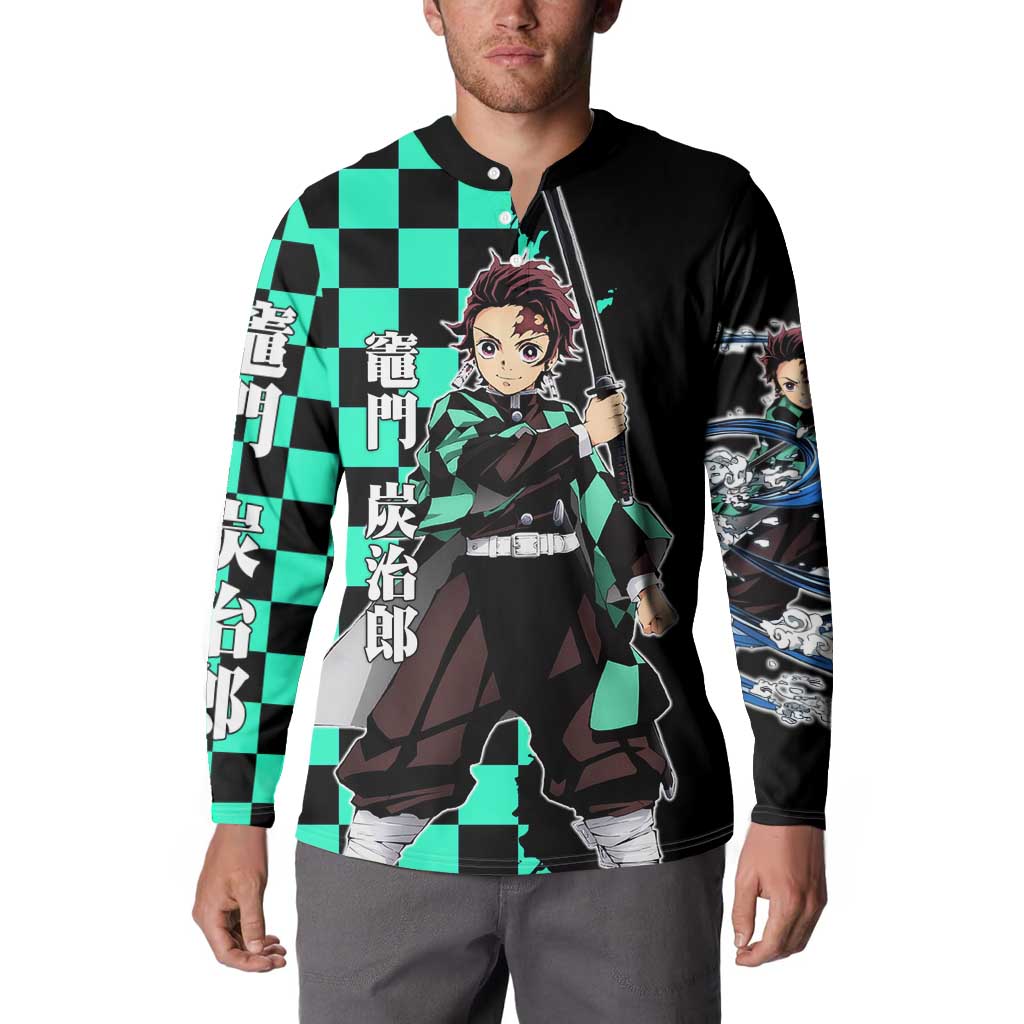 Tanjiro Kamado from Demon Slayer Button Sweatshirt with Green Black Checkered Pattern and Water Breathing Sword Pose Design - The Mazicc