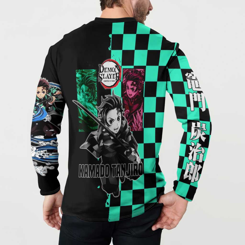 Tanjiro Kamado from Demon Slayer Button Sweatshirt with Green Black Checkered Pattern and Water Breathing Sword Pose Design - The Mazicc