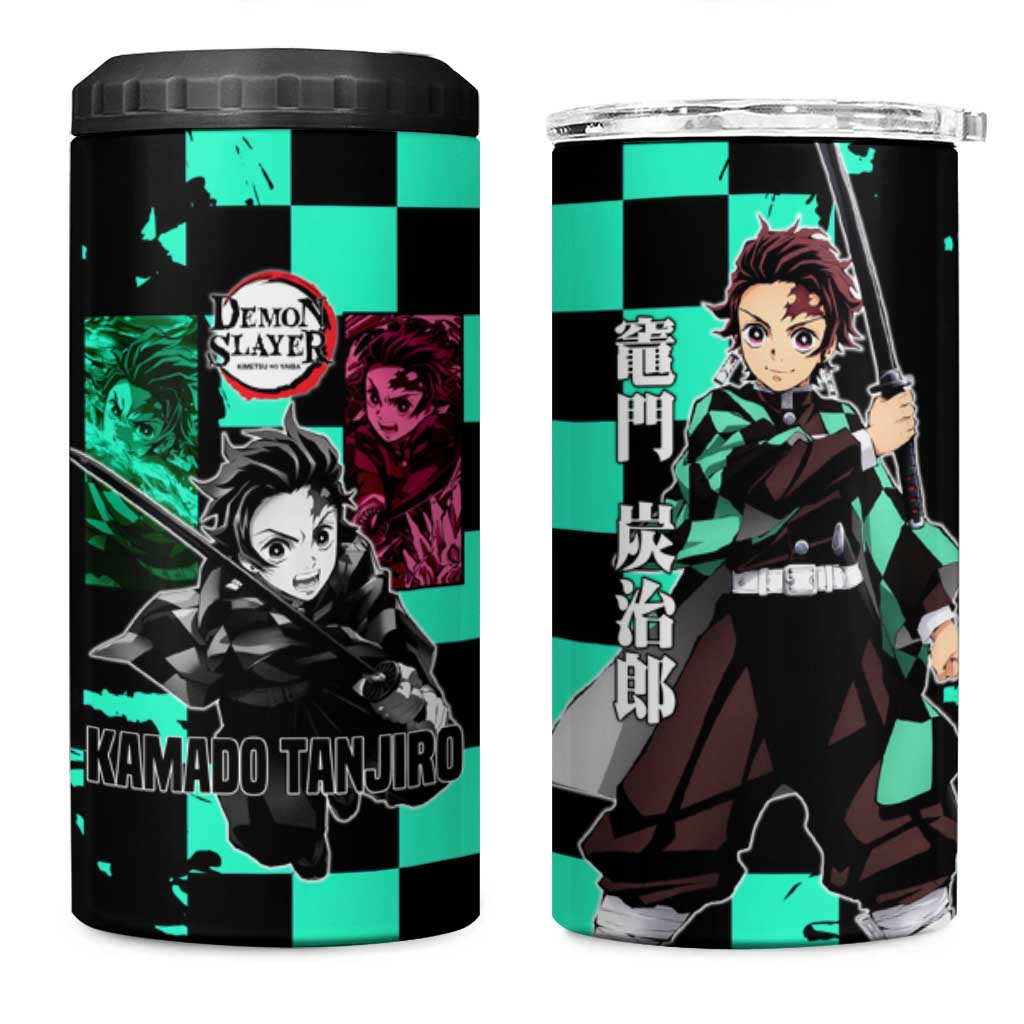 Tanjiro Kamado from Demon Slayer 4 in 1 Can Cooler Tumbler with Green Black Checkered Pattern and Water Breathing Sword Pose Design - The Mazicc