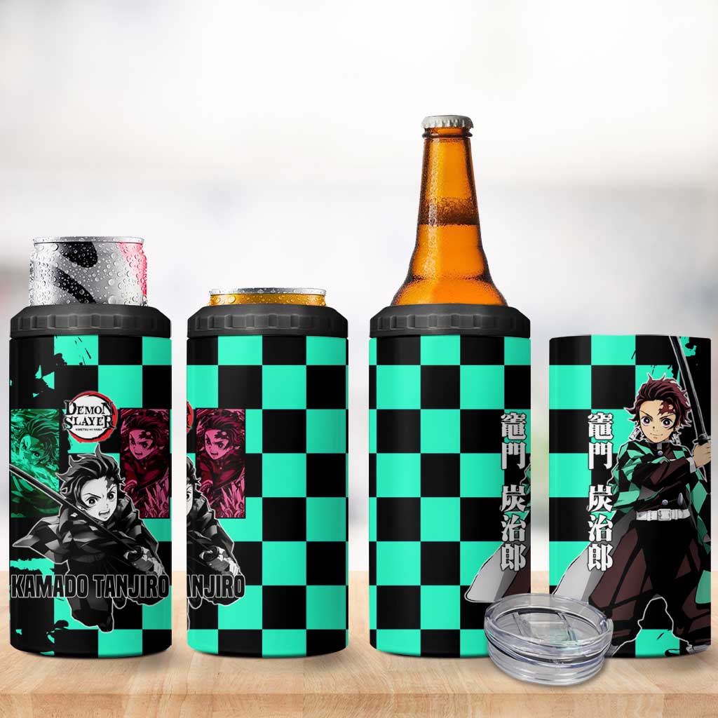 Tanjiro Kamado from Demon Slayer 4 in 1 Can Cooler Tumbler with Green Black Checkered Pattern and Water Breathing Sword Pose Design - The Mazicc