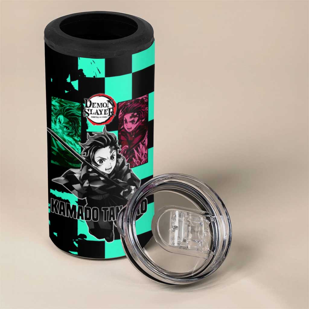 Tanjiro Kamado from Demon Slayer 4 in 1 Can Cooler Tumbler with Green Black Checkered Pattern and Water Breathing Sword Pose Design - The Mazicc