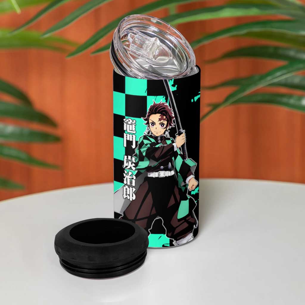Tanjiro Kamado from Demon Slayer 4 in 1 Can Cooler Tumbler with Green Black Checkered Pattern and Water Breathing Sword Pose Design - The Mazicc