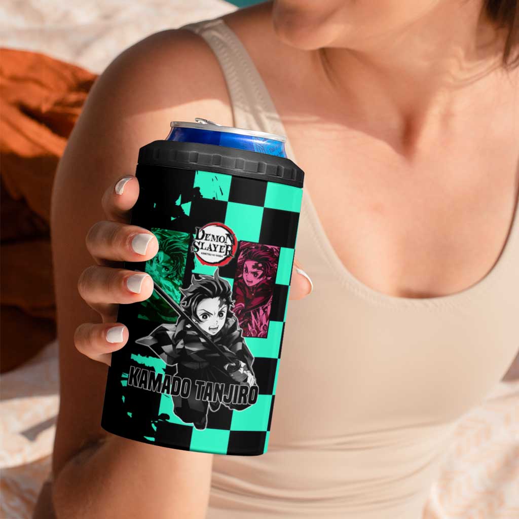 Tanjiro Kamado from Demon Slayer 4 in 1 Can Cooler Tumbler with Green Black Checkered Pattern and Water Breathing Sword Pose Design - The Mazicc