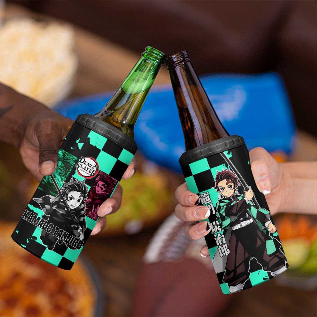 Tanjiro Kamado from Demon Slayer 4 in 1 Can Cooler Tumbler with Green Black Checkered Pattern and Water Breathing Sword Pose Design - The Mazicc