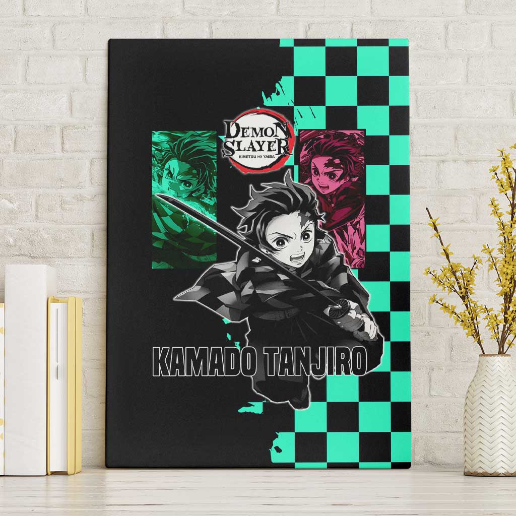 Tanjiro Kamado from Demon Slayer Canvas Wall Art with Green Black Checkered Pattern and Water Breathing Sword Pose Design - The Mazicc