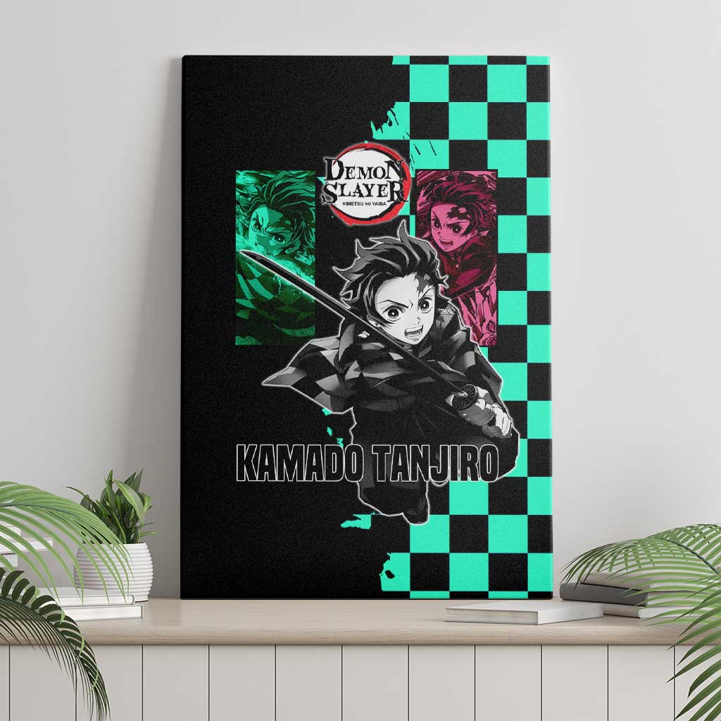 Tanjiro Kamado from Demon Slayer Canvas Wall Art with Green Black Checkered Pattern and Water Breathing Sword Pose Design - The Mazicc