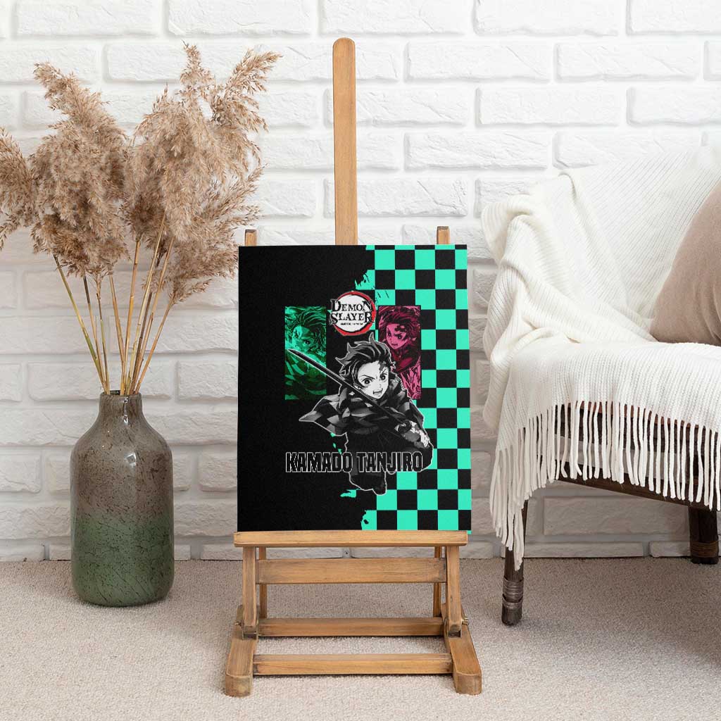 Tanjiro Kamado from Demon Slayer Canvas Wall Art with Green Black Checkered Pattern and Water Breathing Sword Pose Design - The Mazicc