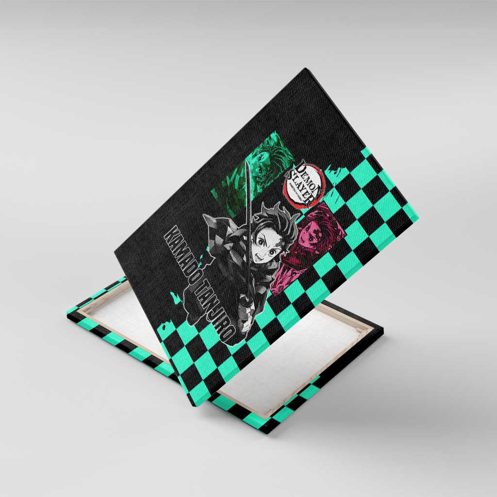 Tanjiro Kamado from Demon Slayer Canvas Wall Art with Green Black Checkered Pattern and Water Breathing Sword Pose Design - The Mazicc