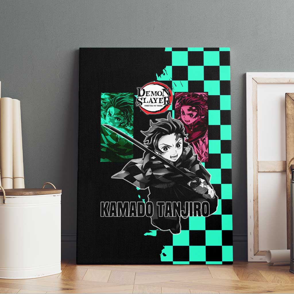 Tanjiro Kamado from Demon Slayer Canvas Wall Art with Green Black Checkered Pattern and Water Breathing Sword Pose Design - The Mazicc