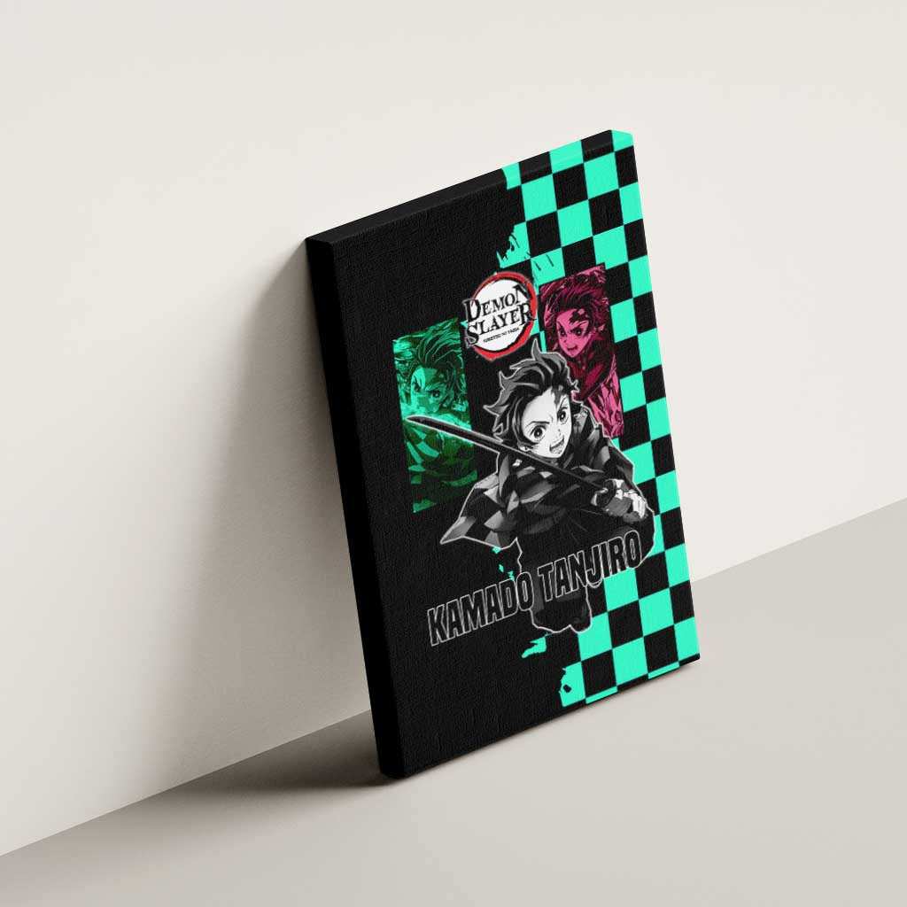 Tanjiro Kamado from Demon Slayer Canvas Wall Art with Green Black Checkered Pattern and Water Breathing Sword Pose Design - The Mazicc