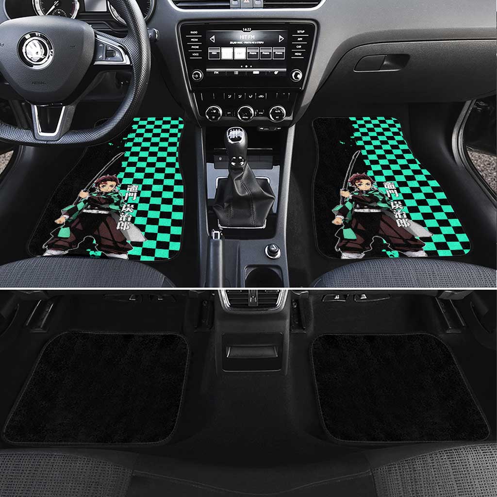 Tanjiro Kamado from Demon Slayer Car Mats with Green Black Checkered Pattern and Water Breathing Sword Pose Design - The Mazicc