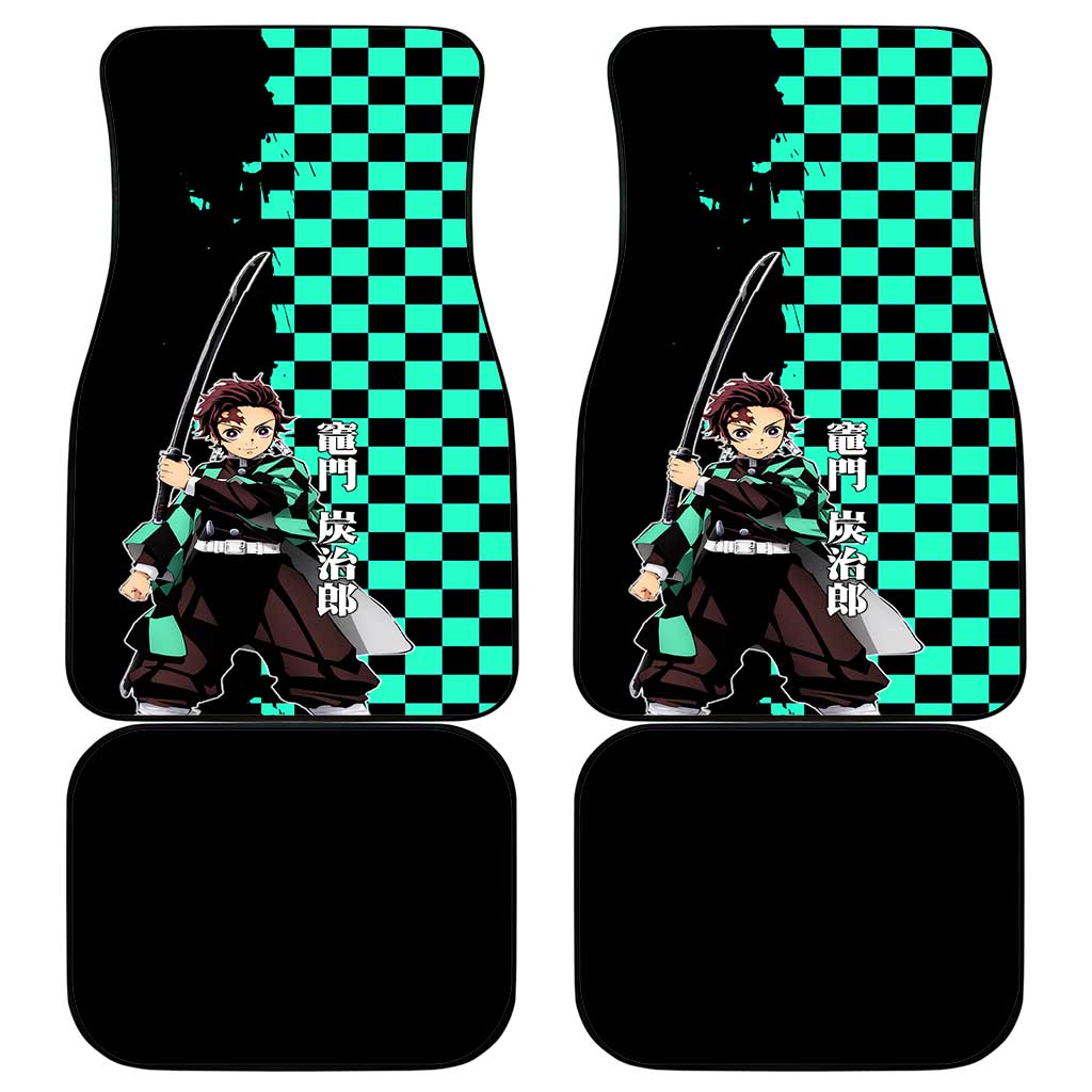 Tanjiro Kamado from Demon Slayer Car Mats with Green Black Checkered Pattern and Water Breathing Sword Pose Design - The Mazicc