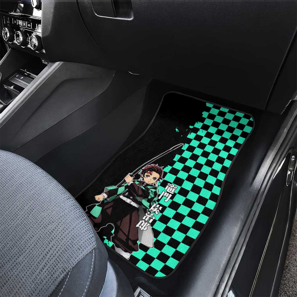 Tanjiro Kamado from Demon Slayer Car Mats with Green Black Checkered Pattern and Water Breathing Sword Pose Design - The Mazicc