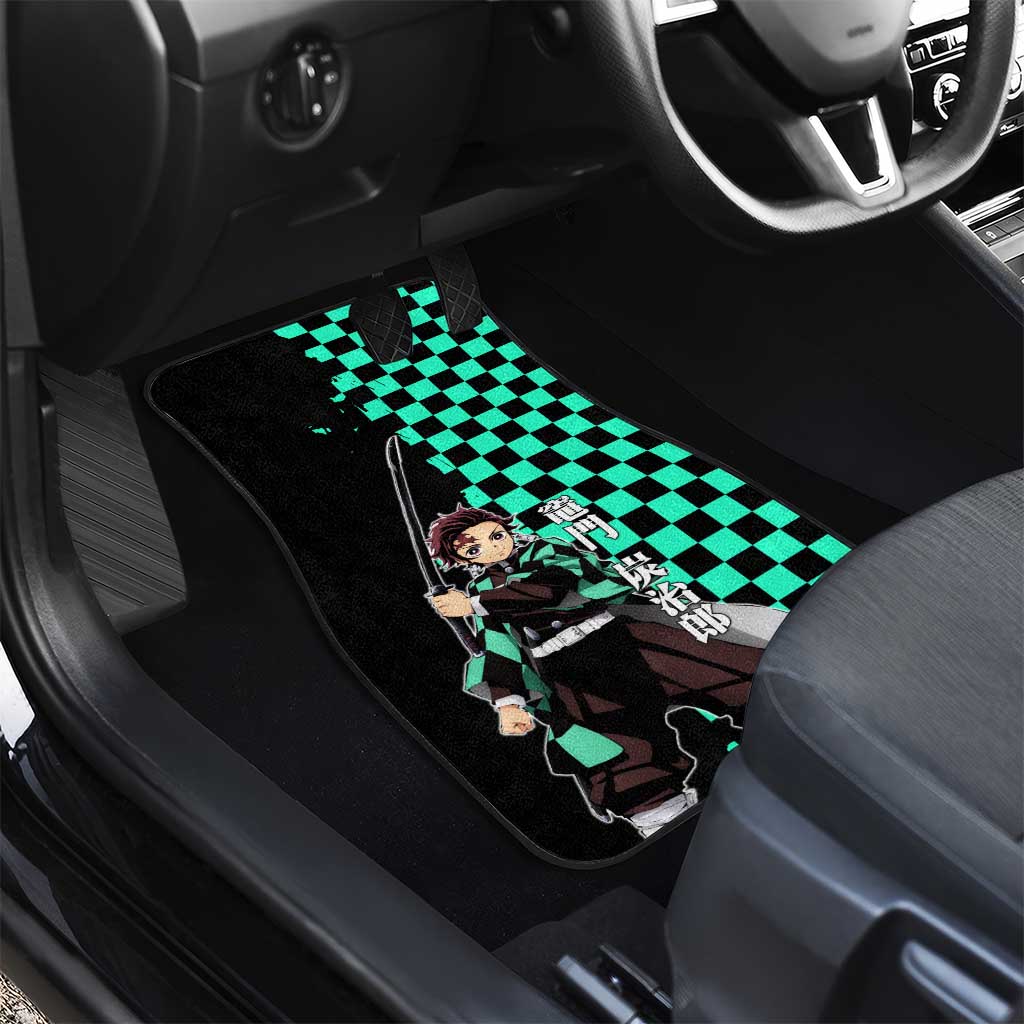 Tanjiro Kamado from Demon Slayer Car Mats with Green Black Checkered Pattern and Water Breathing Sword Pose Design - The Mazicc